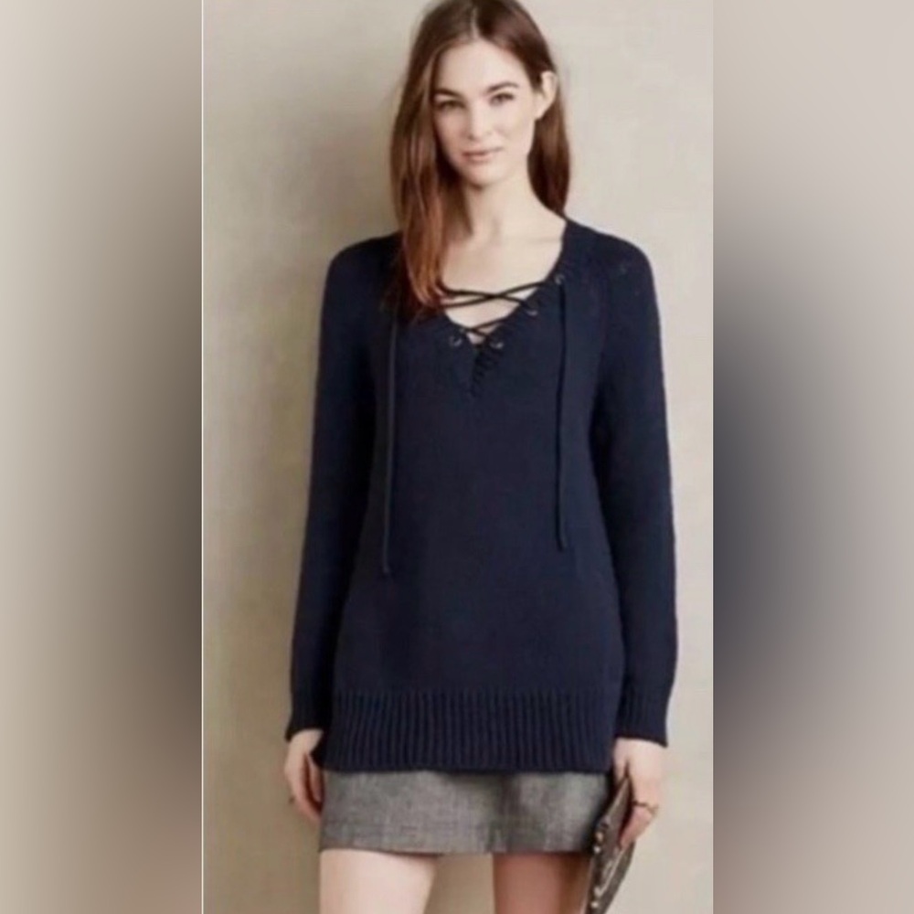 Anthropologie Deep Blue V-Neck Sweater with Lace-Up Detail